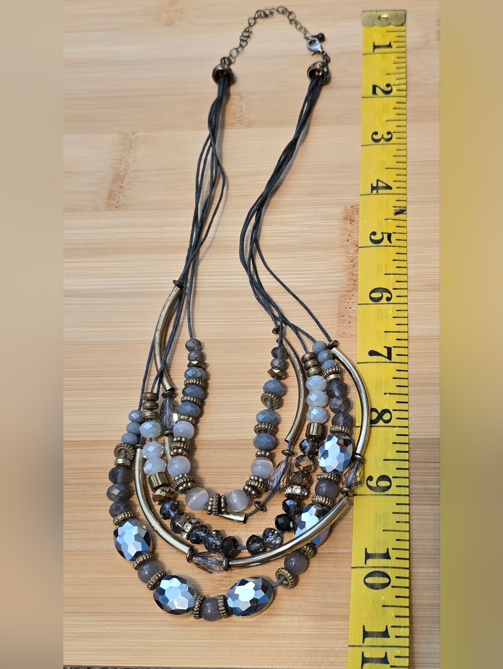 Whimsigoth Layered Multi Strand Necklace Bronze Curved Bar Gray Beaded Bib Boho - Picture 3 of 3
